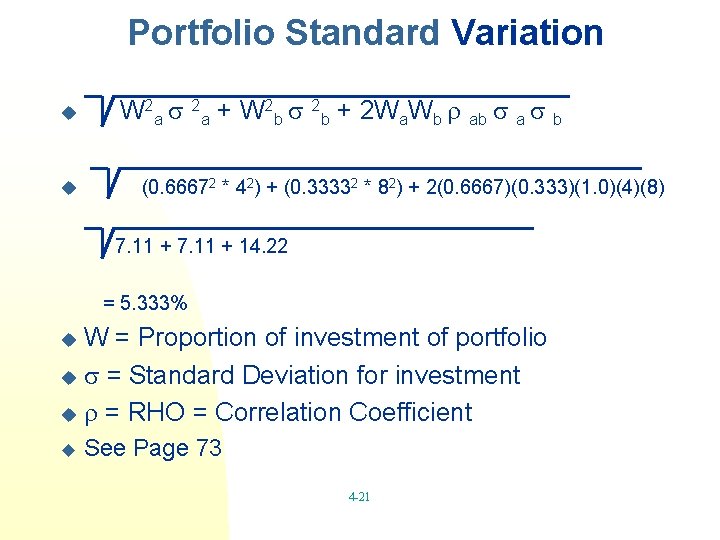 Portfolio Standard Variation u u W 2 a + W 2 b + 2