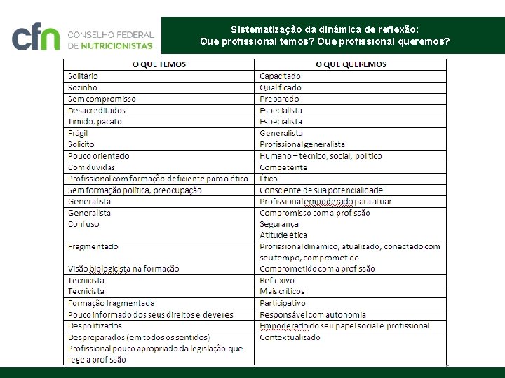 Sistematização da dinâmica de reflexão: Que profissional temos? Que profissional queremos? 