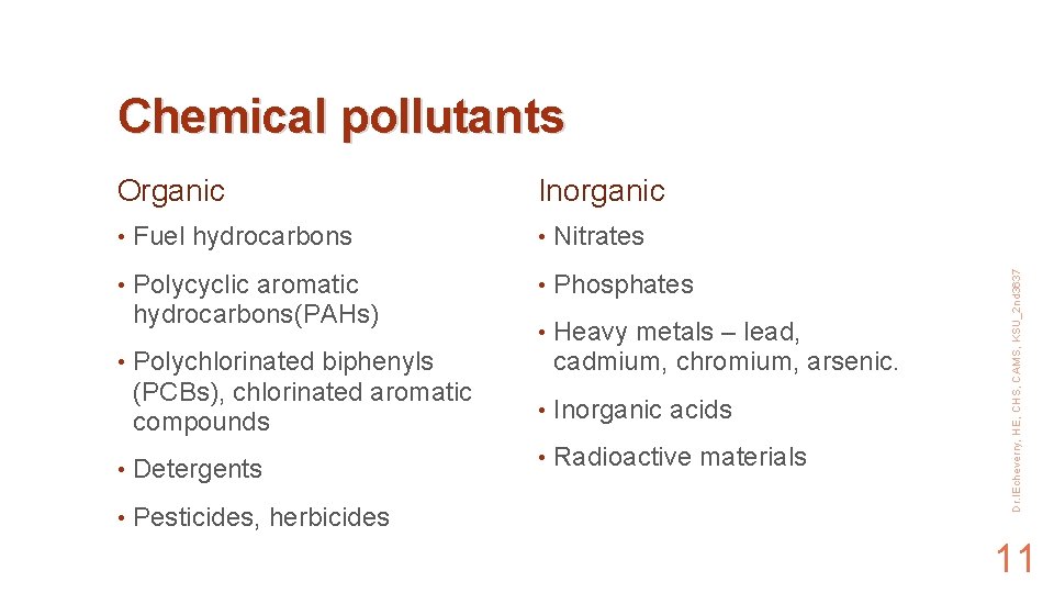 Chemical pollutants Inorganic • Fuel hydrocarbons • Nitrates • Polycyclic aromatic hydrocarbons(PAHs) • Phosphates
