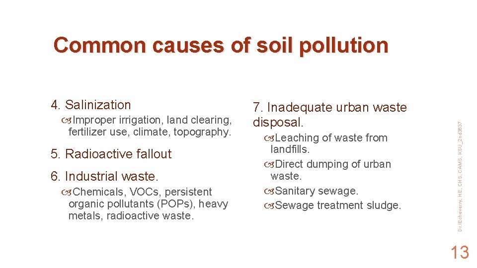 4. Salinization Improper irrigation, land clearing, fertilizer use, climate, topography. 5. Radioactive fallout 6.