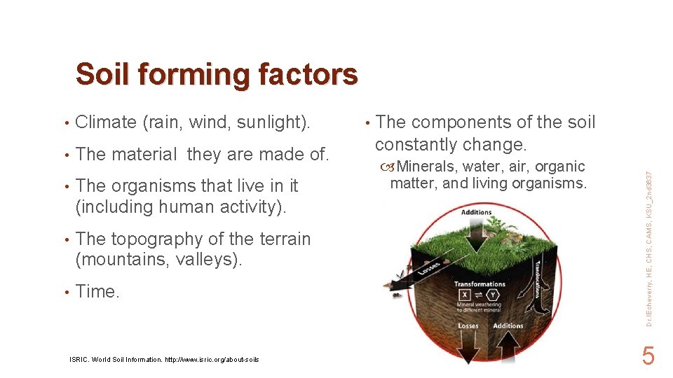 Soil forming factors Climate (rain, wind, sunlight). • The material they are made of.