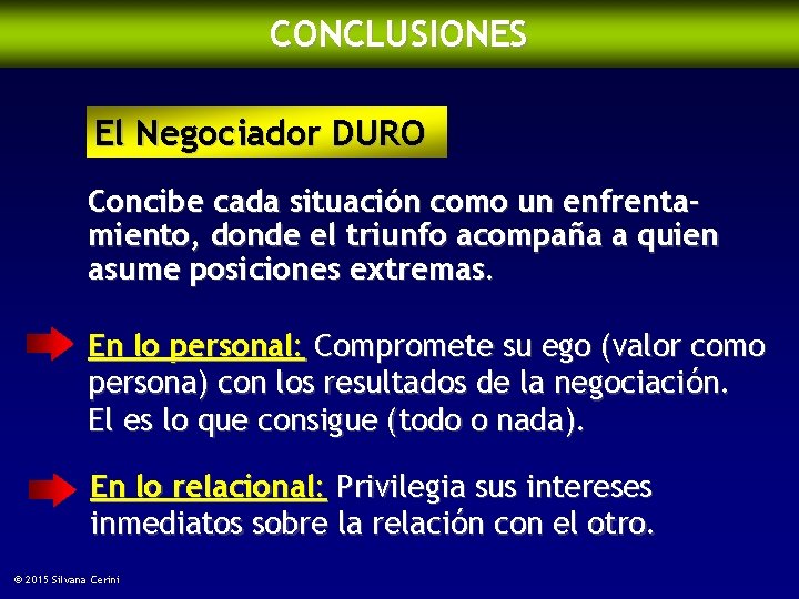 CONCLUSIONES El Negociador DURO Concibe cada situación como un enfrentamiento, donde el triunfo acompaña