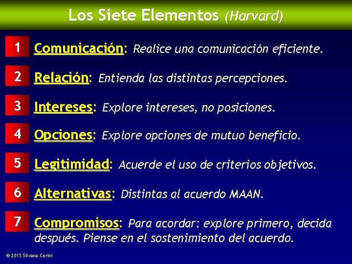 Los Siete Elementos (Harvard) 1 Comunicación: Realice una comunicación eficiente. 2 Relación: Entienda las