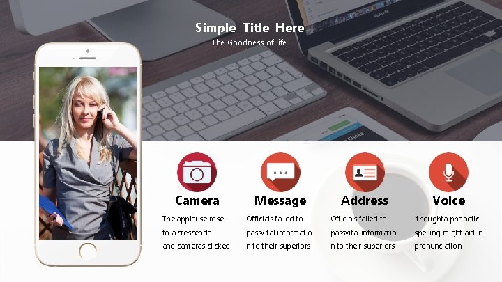 Simple Title Here The Goodness of life Camera Message Address Voice The applause rose