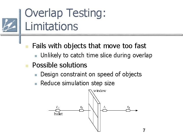 Overlap Testing: Limitations Fails with objects that move too fast Unlikely to catch time