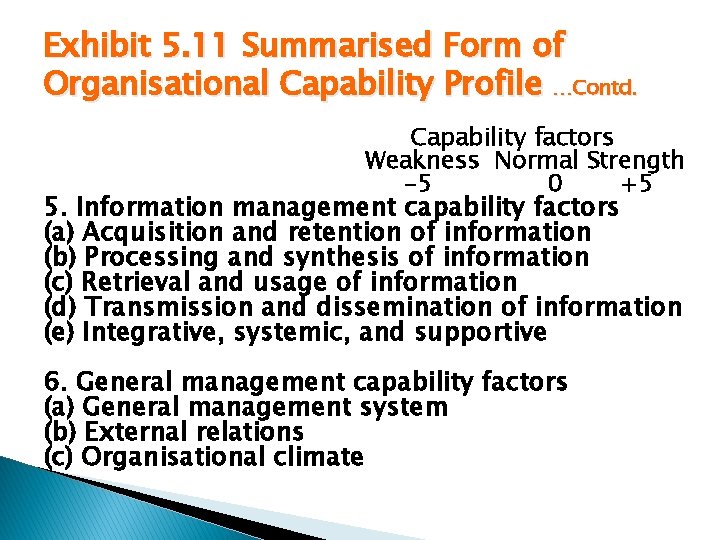 Exhibit 5. 11 Summarised Form of Organisational Capability Profile …Contd. Capability factors Weakness Normal