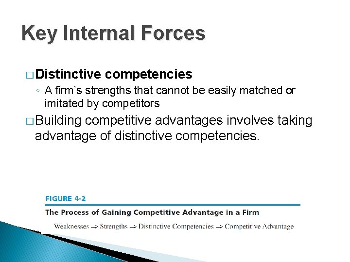 Key Internal Forces � Distinctive competencies ◦ A firm’s strengths that cannot be easily