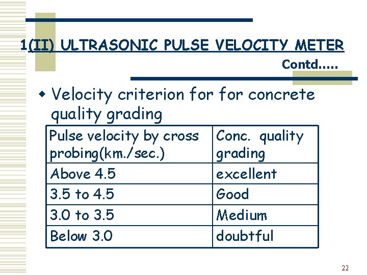 1(II) ULTRASONIC PULSE VELOCITY METER Contd…. . w Velocity criterion for concrete quality grading