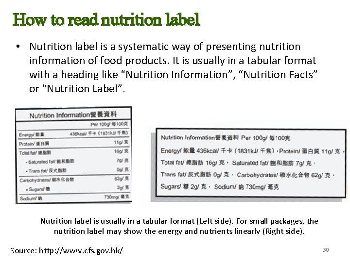 How to read nutrition label • Nutrition label is a systematic way of presenting