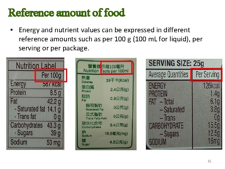 Reference amount of food • Energy and nutrient values can be expressed in different