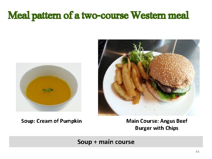 Meal pattern of a two-course Western meal Soup: Cream of Pumpkin Main Course: Angus