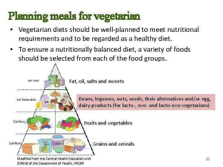 Planning meals for vegetarian • Vegetarian diets should be well-planned to meet nutritional requirements