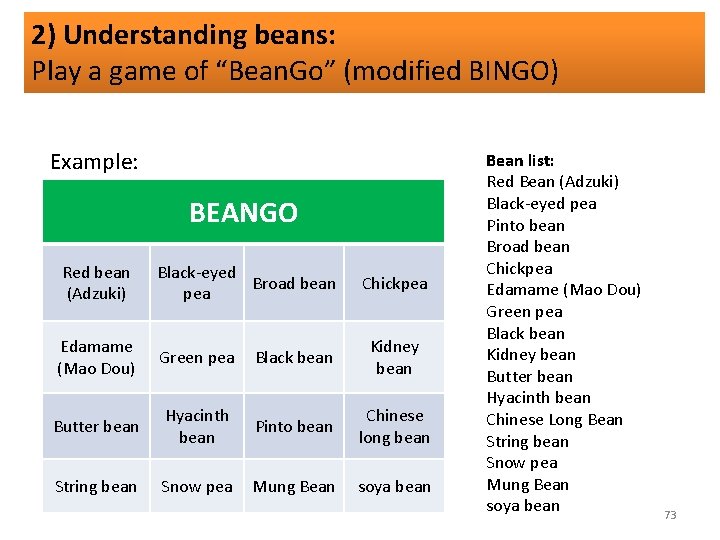 2) Understanding beans: Play a game of “Bean. Go” (modified BINGO) Example: BEANGO Red