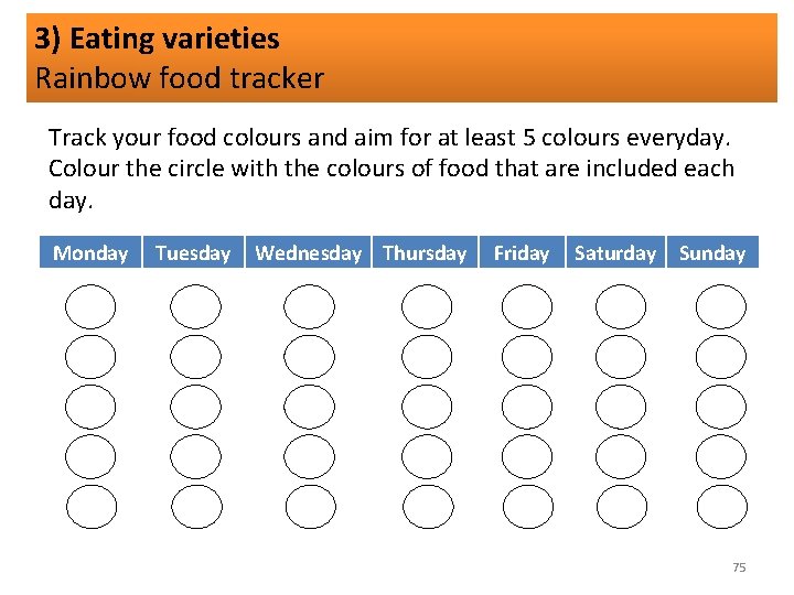 3) Eating varieties Rainbow food tracker Track your food colours and aim for at