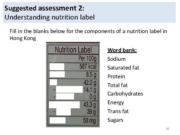 Suggested assessment 2: Understanding nutrition label Fill in the blanks below for the components