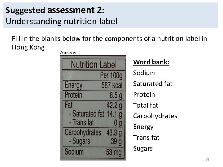 Suggested assessment 2: Understanding nutrition label Fill in the blanks below for the components