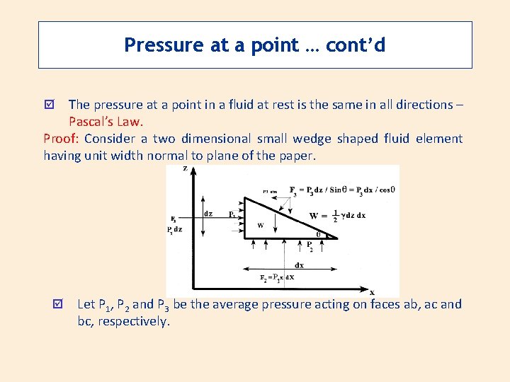 Pressure at a point … cont’d The pressure at a point in a fluid