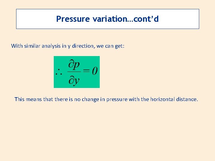 Pressure variation…cont’d With similar analysis in y direction, we can get: This means that