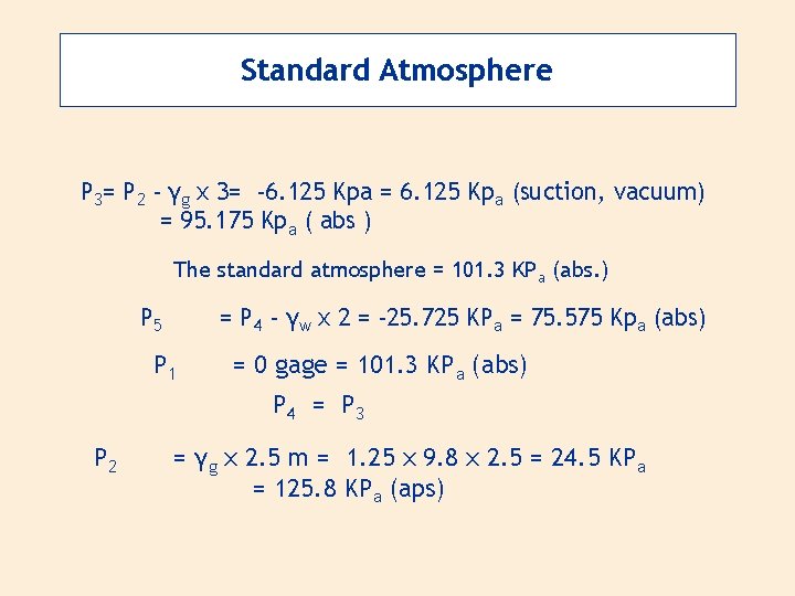 Standard Atmosphere P 3= P 2 - γg x 3= -6. 125 Kpa =