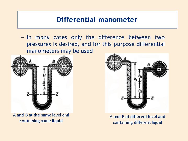 Differential manometer – In many cases only the difference between two pressures is desired,