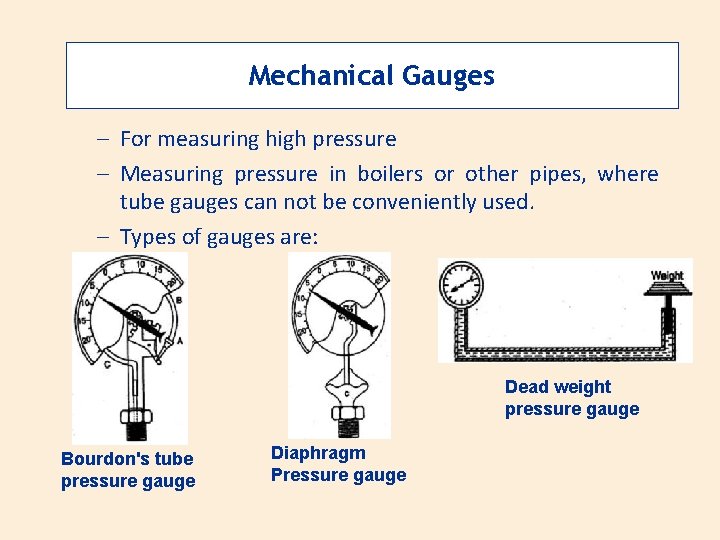 Mechanical Gauges – For measuring high pressure – Measuring pressure in boilers or other