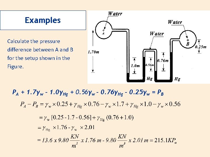 Examples Calculate the pressure difference between A and B for the setup shown in