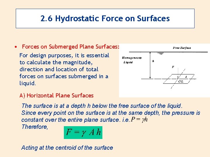 2. 6 Hydrostatic Force on Surfaces • Forces on Submerged Plane Surfaces: For design