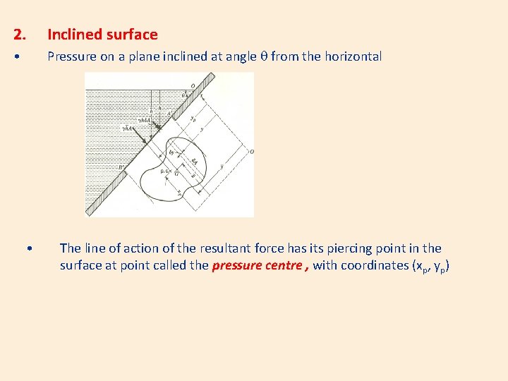 2. Inclined surface • Pressure on a plane inclined at angle from the horizontal