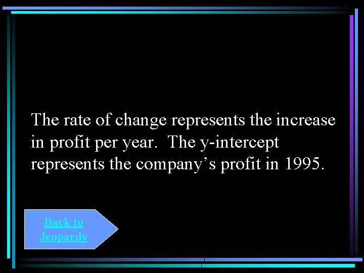 The rate of change represents the increase in profit per year. The y-intercept represents