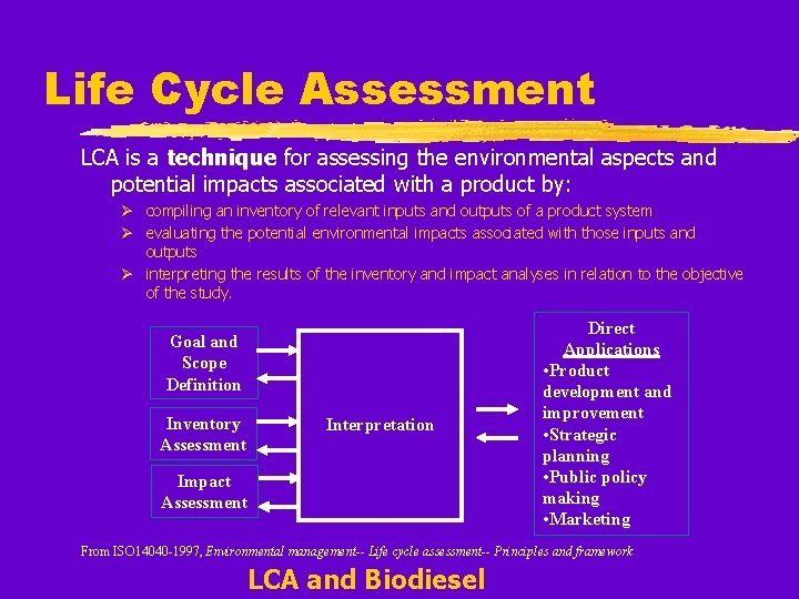 Life Cycle Assessment LCA is a technique for assessing the environmental aspects and potential