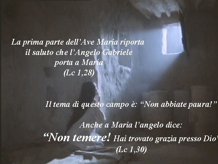 La prima parte dell’Ave Maria riporta il saluto che l’Angelo Gabriele porta a Maria