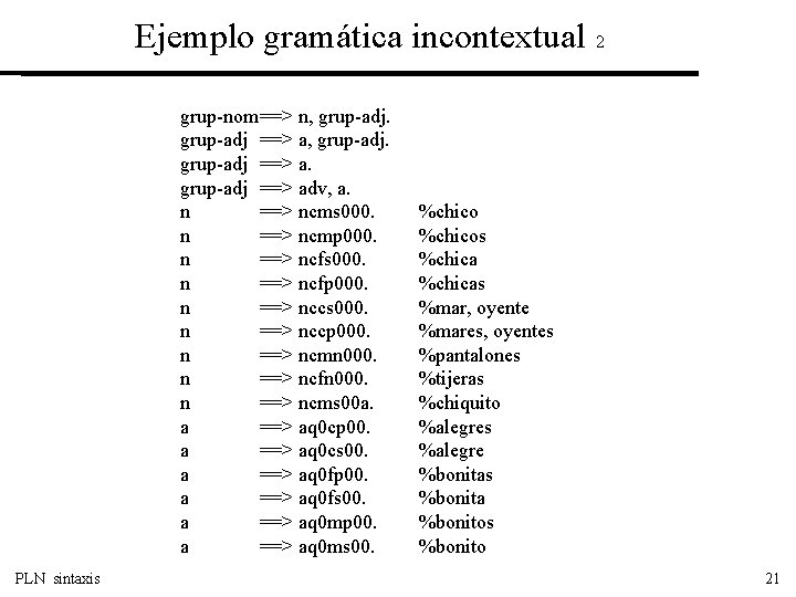 Ejemplo gramática incontextual 2 grup-nom==> n, grup-adj ==> adv, a. n ==> ncms 000.