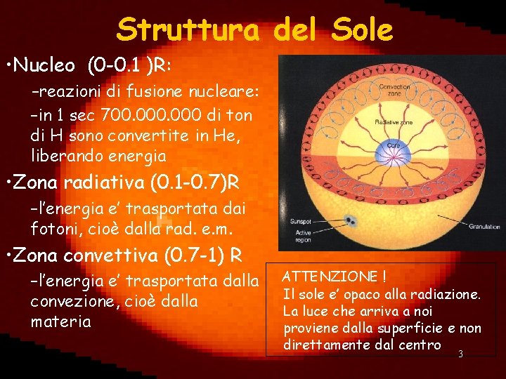 Struttura del Sole • Nucleo (0 -0. 1 )R: –reazioni di fusione nucleare: –in