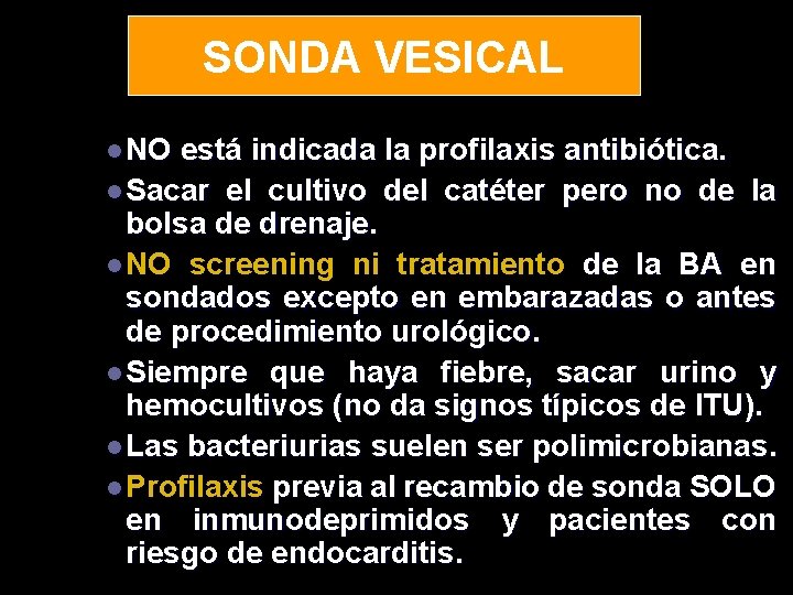 SONDA VESICAL l NO está indicada la profilaxis antibiótica. l Sacar el cultivo del