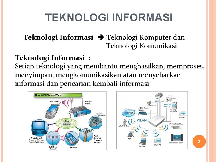 TEKNOLOGI INFORMASI Teknologi Informasi Teknologi Komputer dan Teknologi Komunikasi Teknologi Informasi : Setiap teknologi