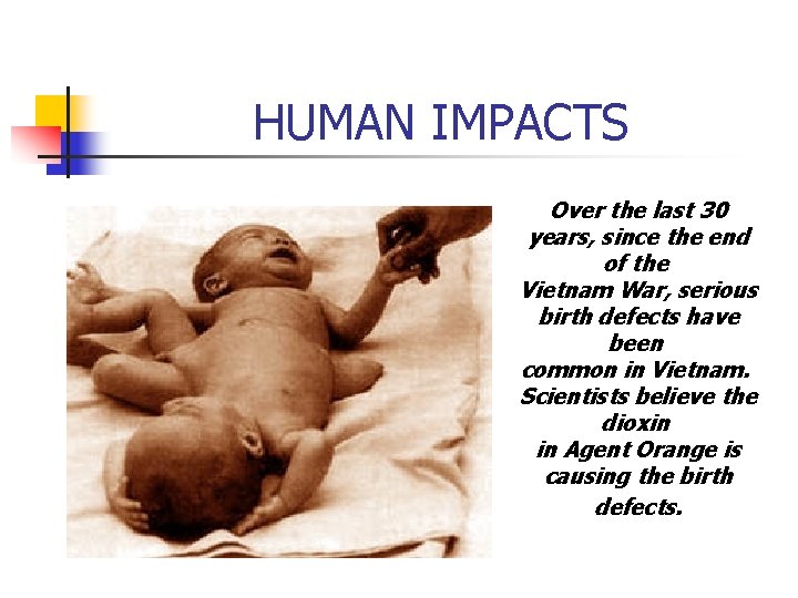 HUMAN IMPACTS Over the last 30 years, since the end of the Vietnam War,