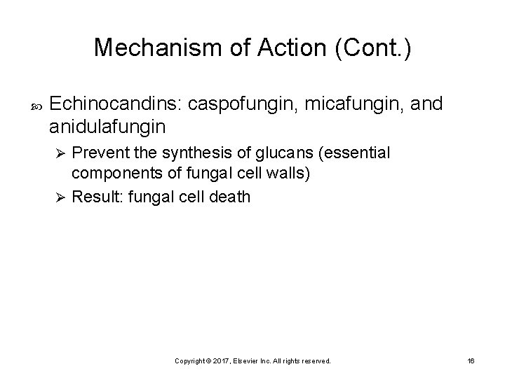 Mechanism of Action (Cont. ) Echinocandins: caspofungin, micafungin, and anidulafungin Prevent the synthesis of