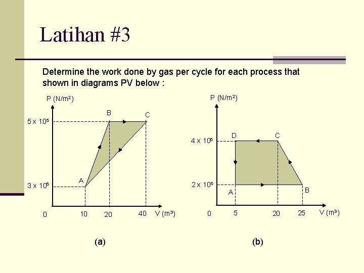 Latihan #3 Determine the work done by gas per cycle for each process that