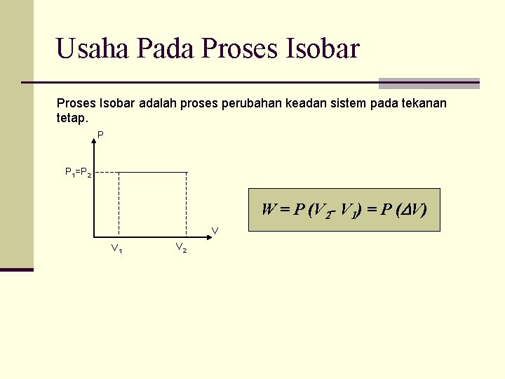 Usaha Pada Proses Isobar adalah proses perubahan keadan sistem pada tekanan tetap. P P