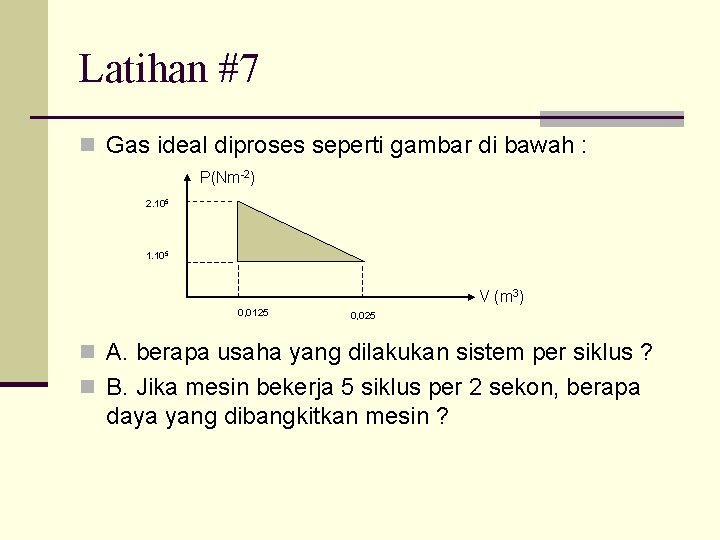 Latihan #7 n Gas ideal diproses seperti gambar di bawah : P(Nm-2) 2. 105