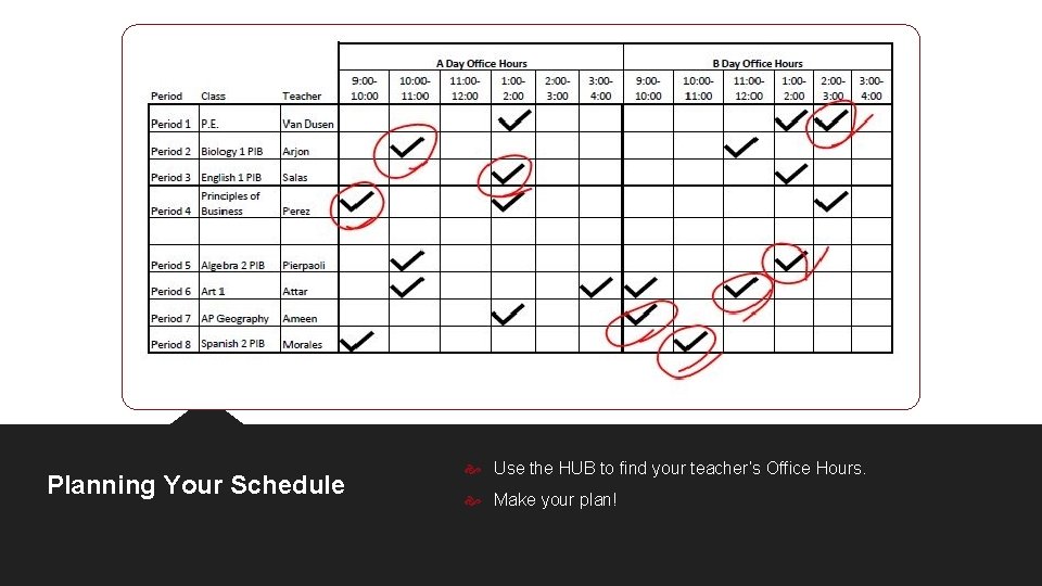 Planning Your Schedule Use the HUB to find your teacher’s Office Hours. Make your