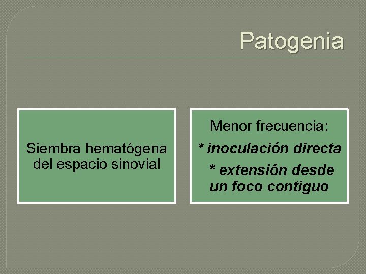 Patogenia Siembra hematógena del espacio sinovial Menor frecuencia: * inoculación directa * extensión desde