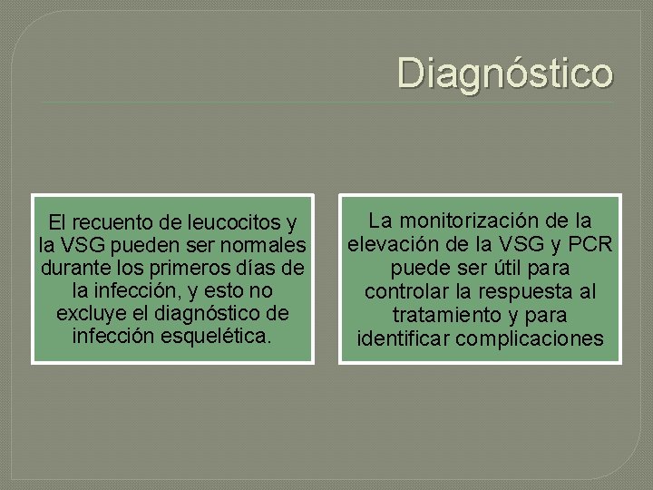 Diagnóstico El recuento de leucocitos y la VSG pueden ser normales durante los primeros