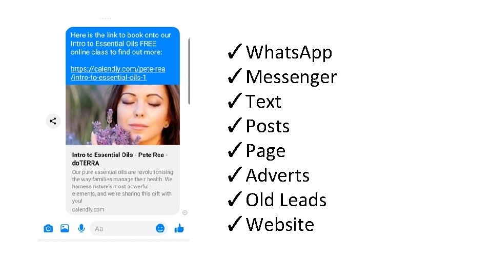 ✓Whats. App ✓Messenger ✓Text ✓Posts ✓Page ✓Adverts ✓Old Leads ✓Website 