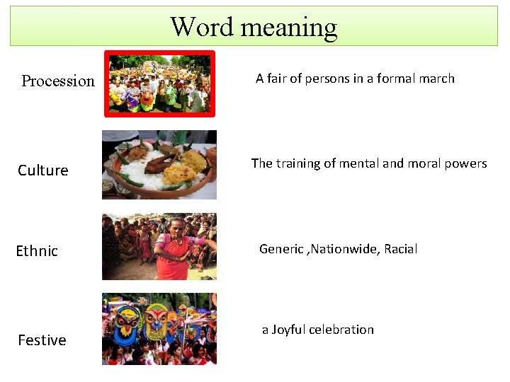 Word meaning Procession A fair of persons in a formal march Culture The training