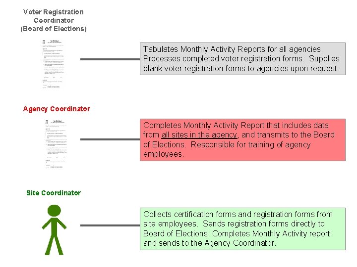 Voter Registration Coordinator (Board of Elections) Tabulates Monthly Activity Reports for all agencies. Processes