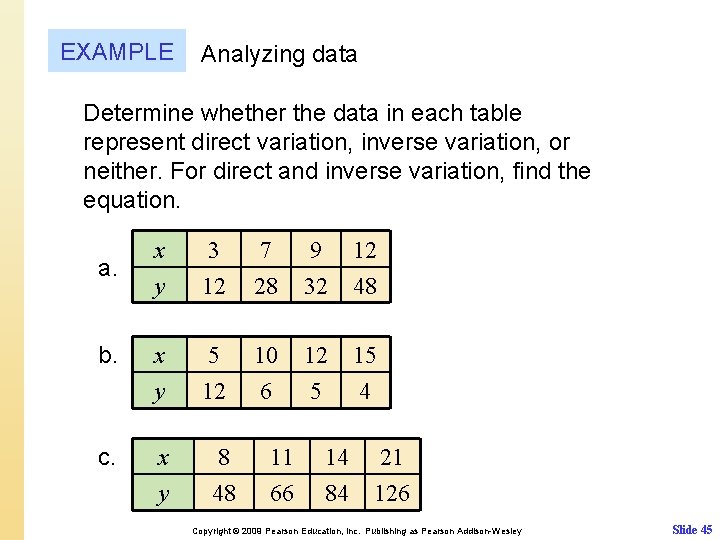 EXAMPLE Analyzing data Determine whether the data in each table represent direct variation, inverse