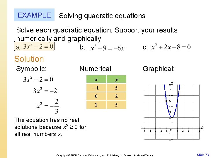 EXAMPLE Solving quadratic equations Solve each quadratic equation. Support your results numerically and graphically.