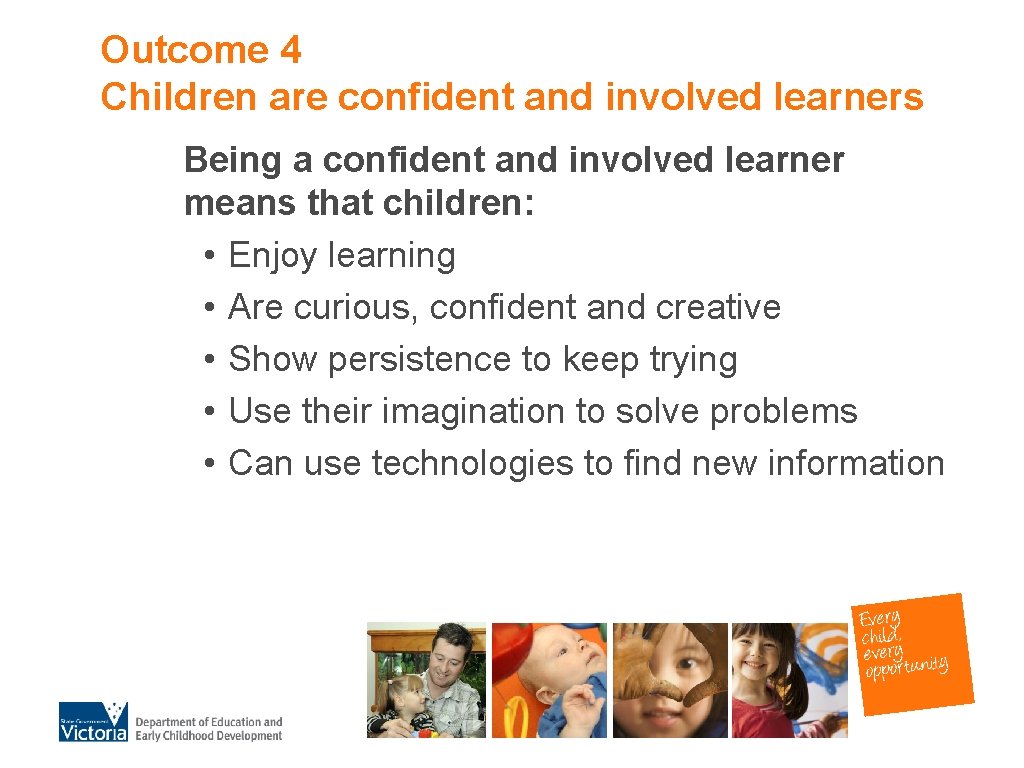 Outcome 4 Children are confident and involved learners Being a confident and involved learner