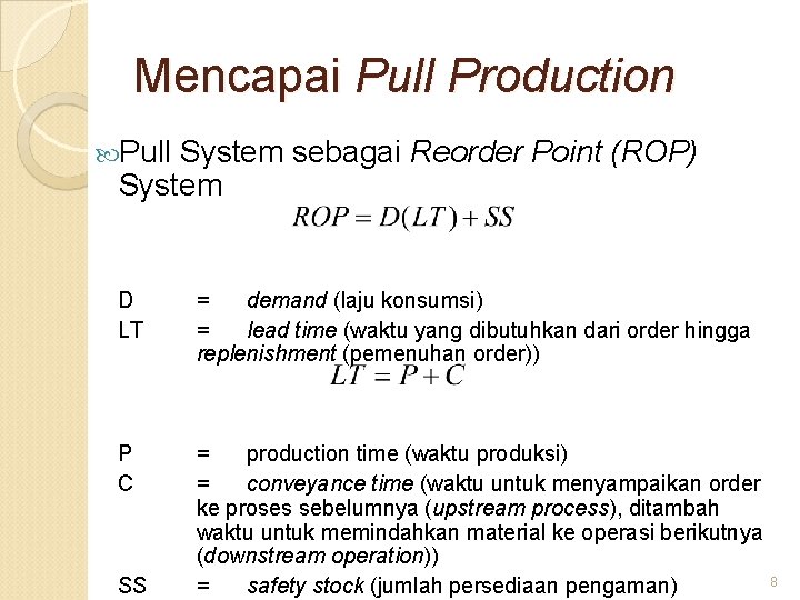 Mencapai Pull Production Pull System sebagai Reorder Point (ROP) System D LT = demand